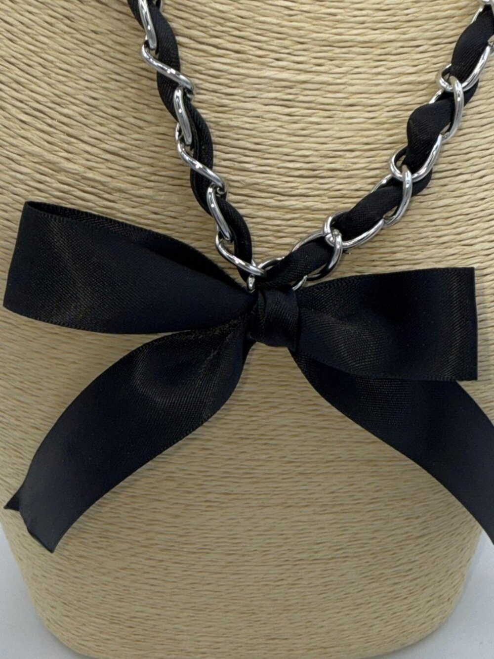 Black Ribbon Silver Tone Chain Bow Statement Necklace - Picture 4 of 8